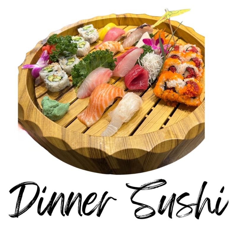 A large wooden platter filled with various sushi rolls, sashimi, and nigiri, garnished with wasabi and ginger.