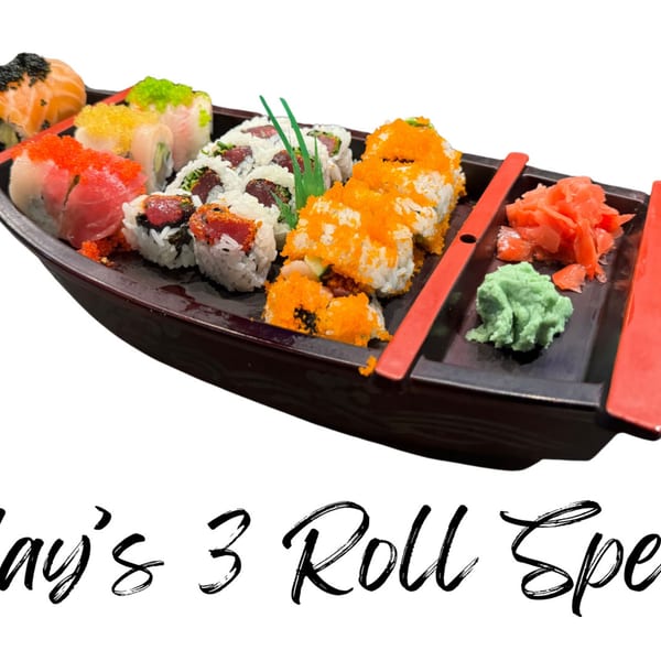 Assorted sushi rolls with colorful toppings, ginger, and wasabi, served in a boat-shaped dish.