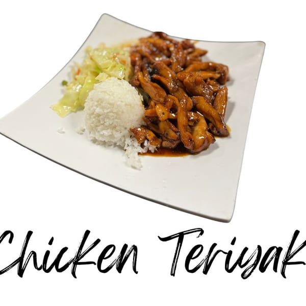 Koibito One Sushi & Teriyaki's chicken teriyaki with rice and cabbage on a white plate.