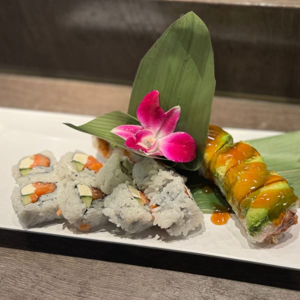 Two types of sushi rolls, one with avocado and sauce, the other with salmon and cream cheese.