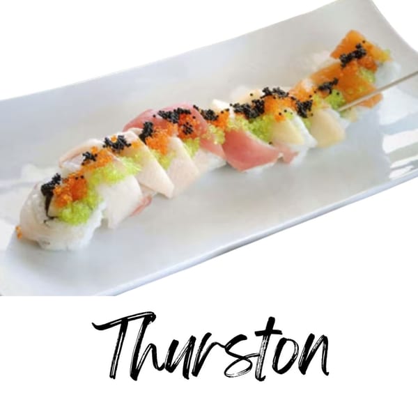 Koibito One Sushi & Teriyaki's Thurston roll, a colorful sushi roll with various toppings on a white plate.