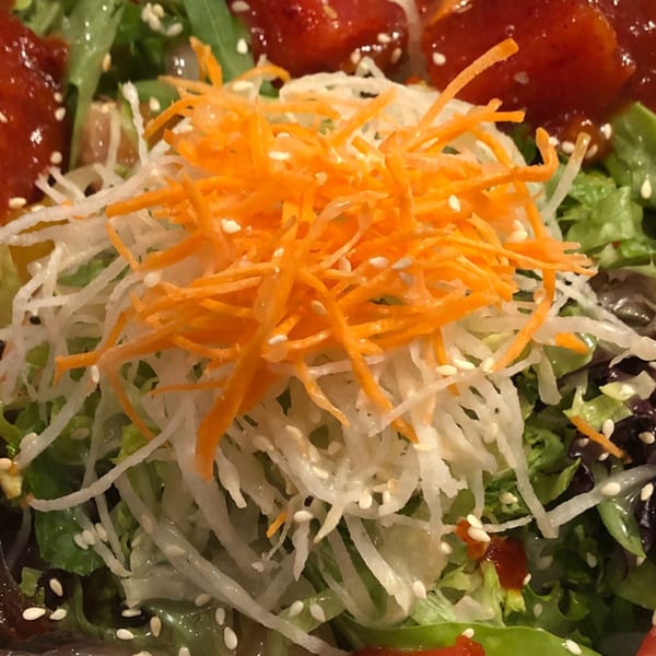 Close-up of a fresh Koibito One Sushi & Teriyaki salad with shredded carrots, daikon, and sesame seeds.