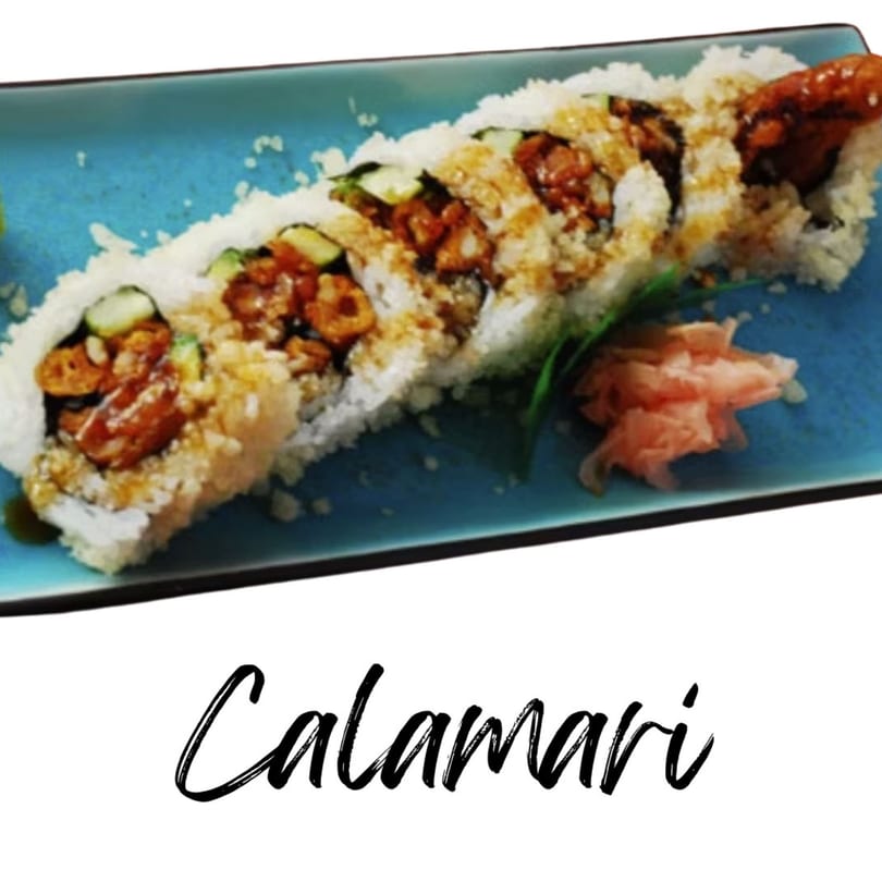Koibito One Sushi & Teriyaki's Calamari Roll, a long sushi roll with rice, calamari, and avocado.