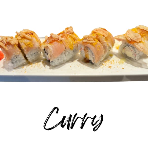 Four Koibito One Sushi & Teriyaki curry sushi rolls with salmon, rice, and crispy toppings.