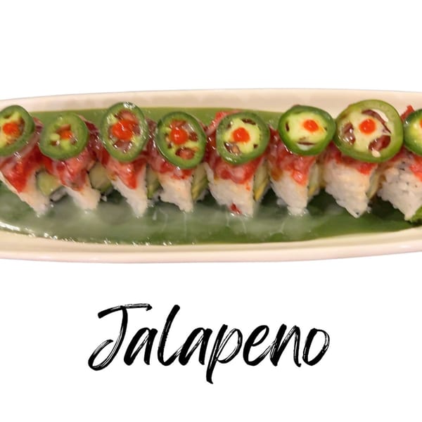 Koibito One Sushi & Teriyaki's Jalapeno sushi roll, topped with green jalapeno slices and red roe.