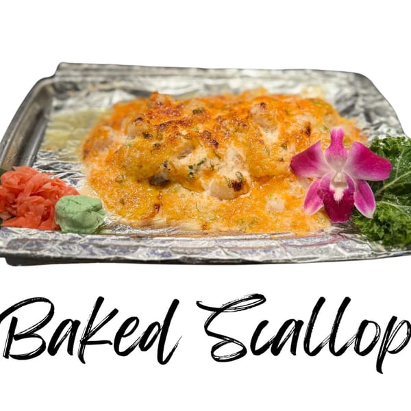Baked scallop dish in foil, garnished with pickled ginger, wasabi, kale, and an orchid.