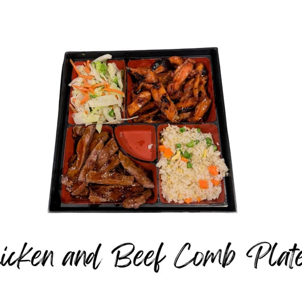 Koibito One Sushi & Teriyaki's Chicken and Beef Combo Plate with rice and salad.
