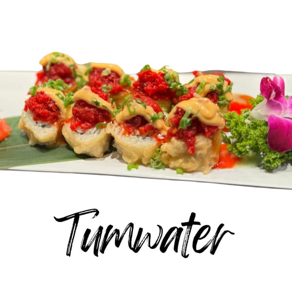 Koibito One Sushi & Teriyaki's Tumwater roll, featuring deep-fried sushi topped with spicy tuna, sauce, and green onions.
