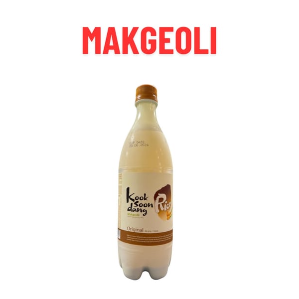 A bottle of Kook Soon Dang Original Makgeolli rice wine with an orange cap.