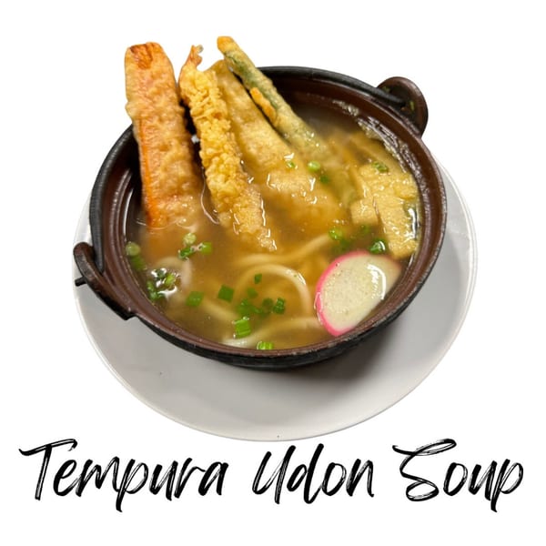 Tempura Udon Soup from Koibito One, with tempura shrimp and vegetables, green onions, and fish cake.