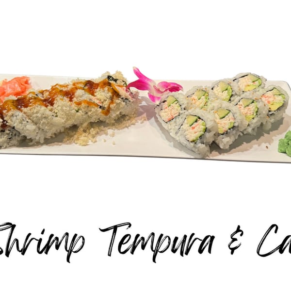 Shrimp Tempura and California sushi rolls on a white plate with ginger, wasabi, and an orchid.